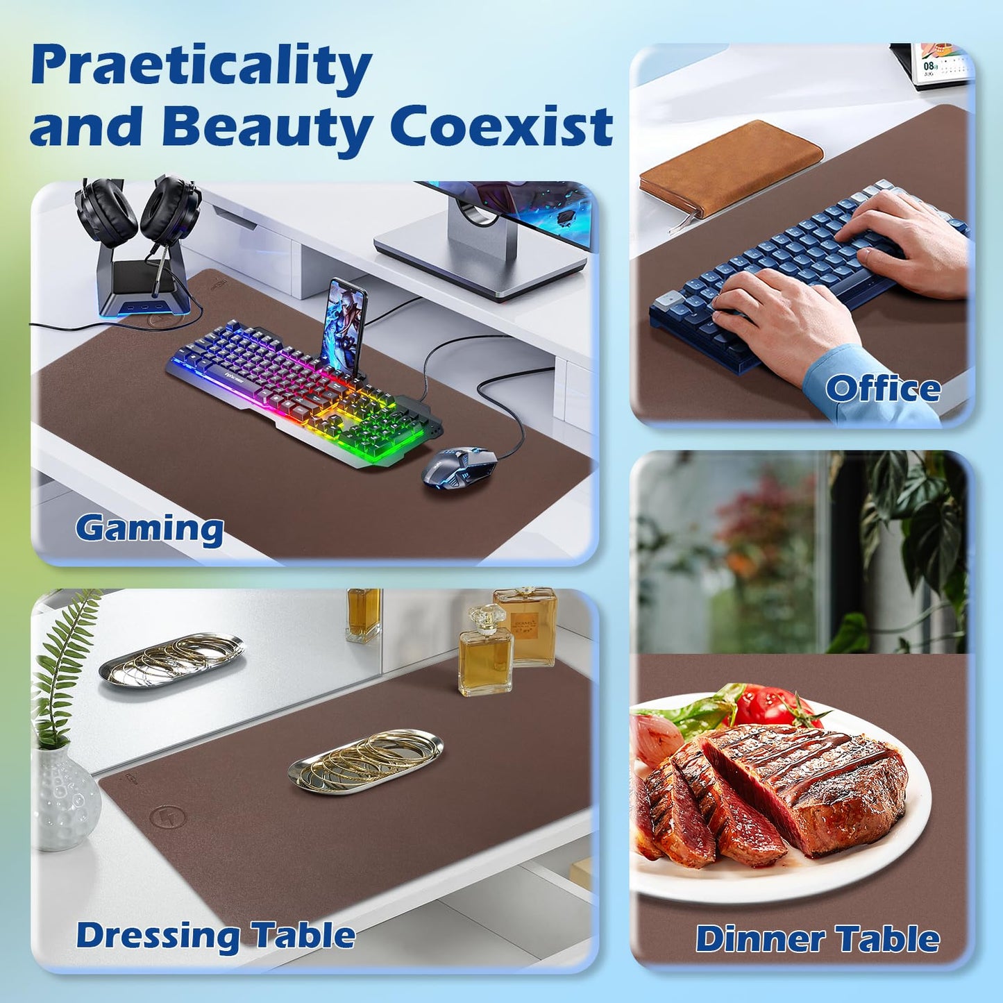 Wireless Charging Desk Mat with Desk Pad for Desktop Charging Large Mouse Pad Waterproof Leather Computer Mat Mouse Pad Non-Slip Protector on Top of Desks for Keyboard and Mouse (brown-l, 32*16inch)