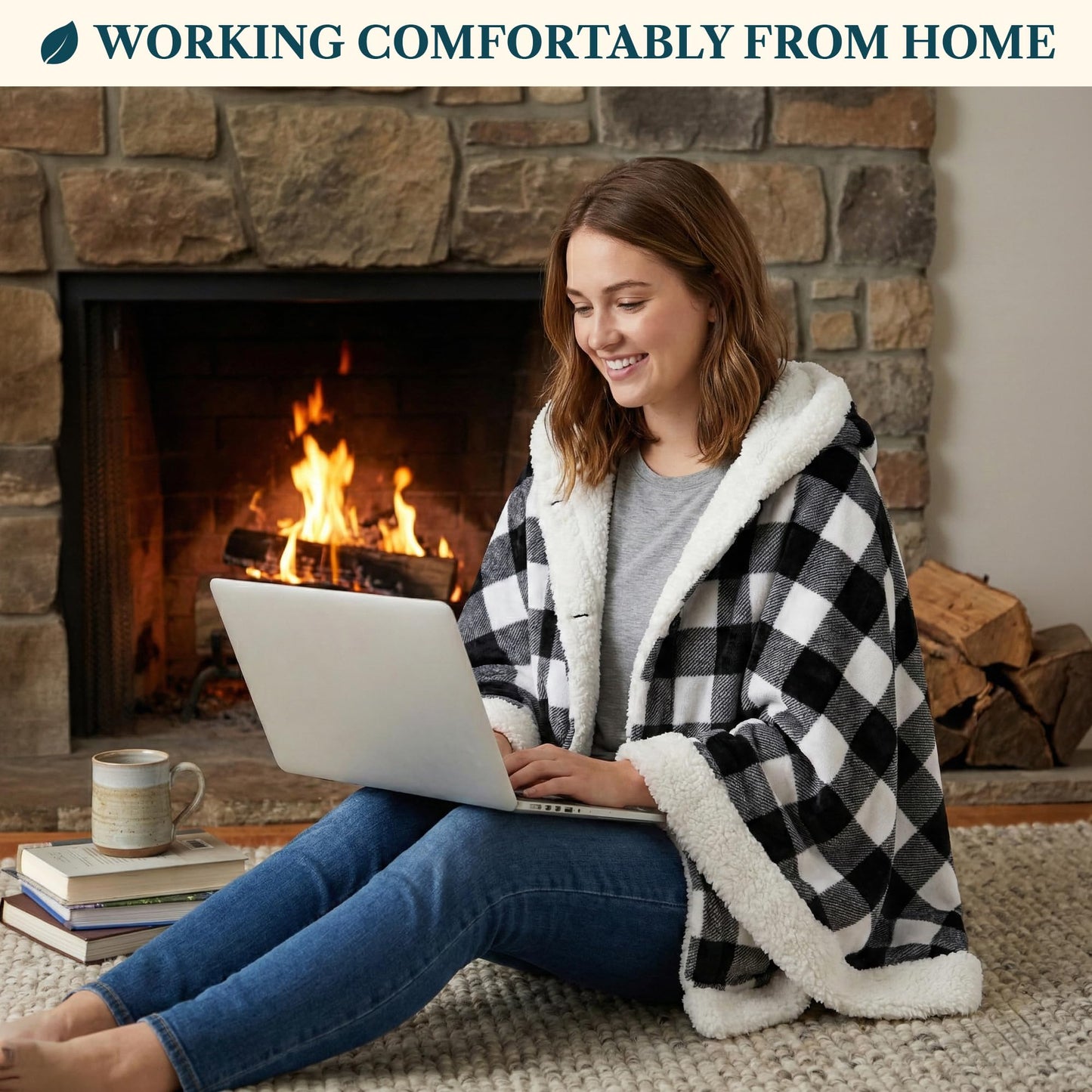 PAVILIA Hooded Blanket Poncho, Women Sherpa Fleece Shawl Wrap with Hood, Wearable Blanket Cozy Warm Poncho Cape Throw with Pockets, Gift for Elderly Mom, Black and White Buffalo Plaid Checkered