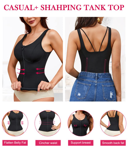 Gotoly Women's Compression Tank Tops Triple Tummy Control Workout Tops Shapewear Camisole Cami Shaper with Zipper Body Shaper(Black, Medium)
