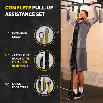 Pull Up Assistance Bands Set - 4 Heavy-Duty Pull Up Bands, Height Adjustable Strap & Comfortable Foot Strap - Stackable Pull Up Resistance Bands for Pull Ups (Military Green)