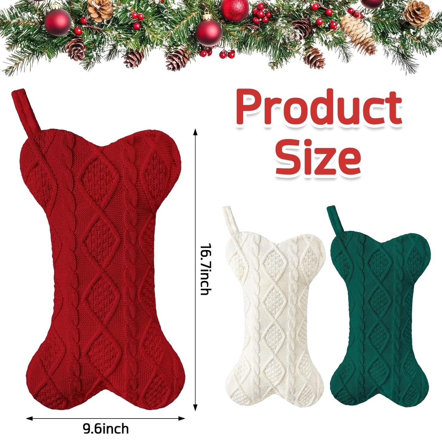 Galetcy Bone Shaped Dog Christmas Stockings, 3 Pack Cable Knit Xmas Stockings Personalized with Name Tag Hanging Pet Stockings for Dogs Cats