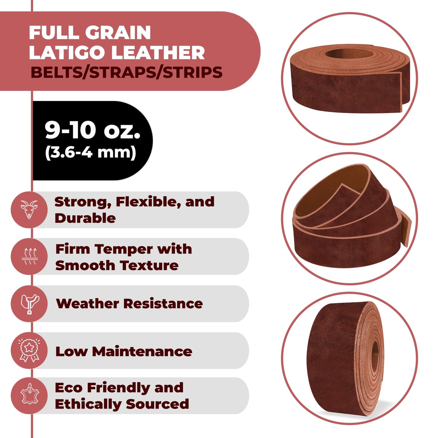 ELW 9-10 oz (3.6-4mm) Latigo Leather Belt Grade Straps & Strips | Size: 1"x50" (2.5x127cm) | Russet | Full Grain Cowhide, Heavy Duty Holsters, Sheathes, Harness, Saddle, Guitar Straps, DIY Crafts