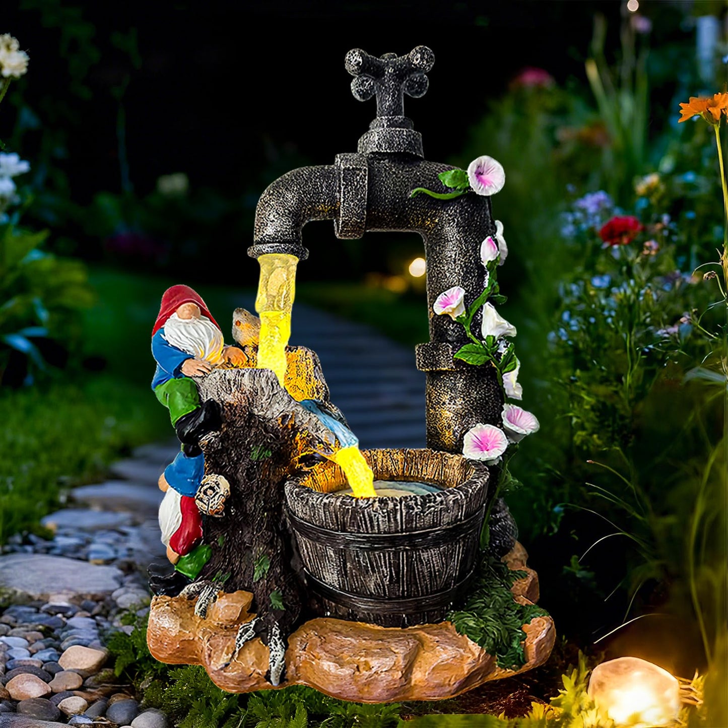 QCF Solar Garden Gnomes Statues Outdoor Yard Decorations, 10" Resin Fountain Gnome Outside Christmas Art Decor for Lawn Patio Porch Backyard,Unique Housewarming Gifts for Women Mom Grandma