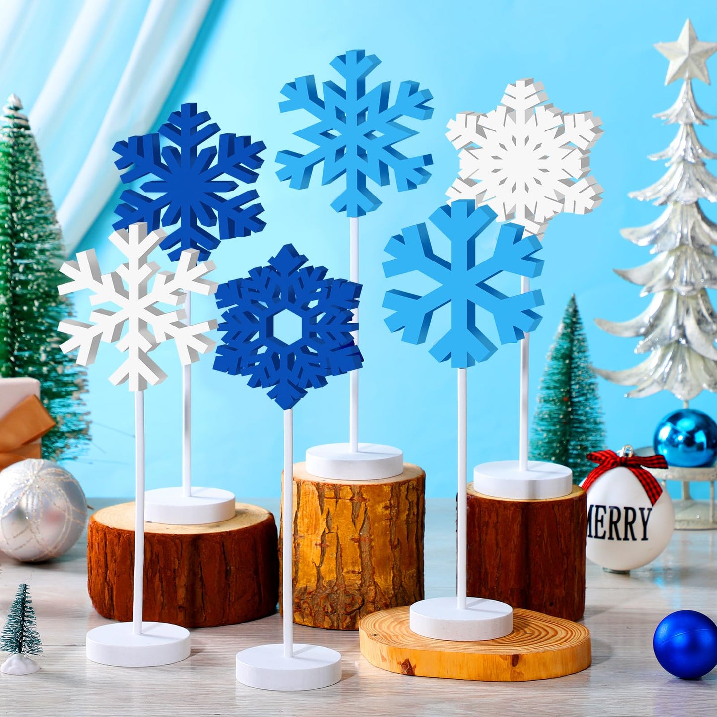 Wenqik 6 Pcs Winter Snowflake Table Decor Wooden Christmas Winter Snowflakes Table Centerpiece Standing Tabletop Sign Blue White Rustic Fireplace Home Decor for Party Decoration