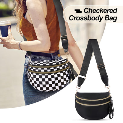 Checkered Crossbody Bag,Nylon Bum Bags for Women Crossbody,Spacious Sling Bag Purse Fanny Packs with Shoulder Strap
