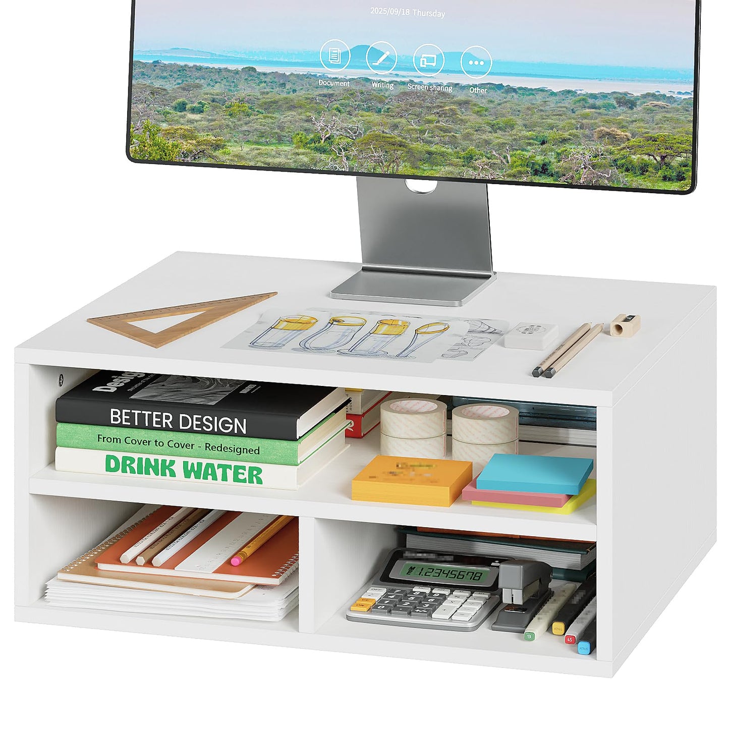 ALISENED Printer Stand for Desk, 2-Tier Wooden Desk Organizer with Adjustable Compartments, Heavy Duty Desktop Stand for Printer Scanner Monitor, Space Saving Office Organization and Storage, White