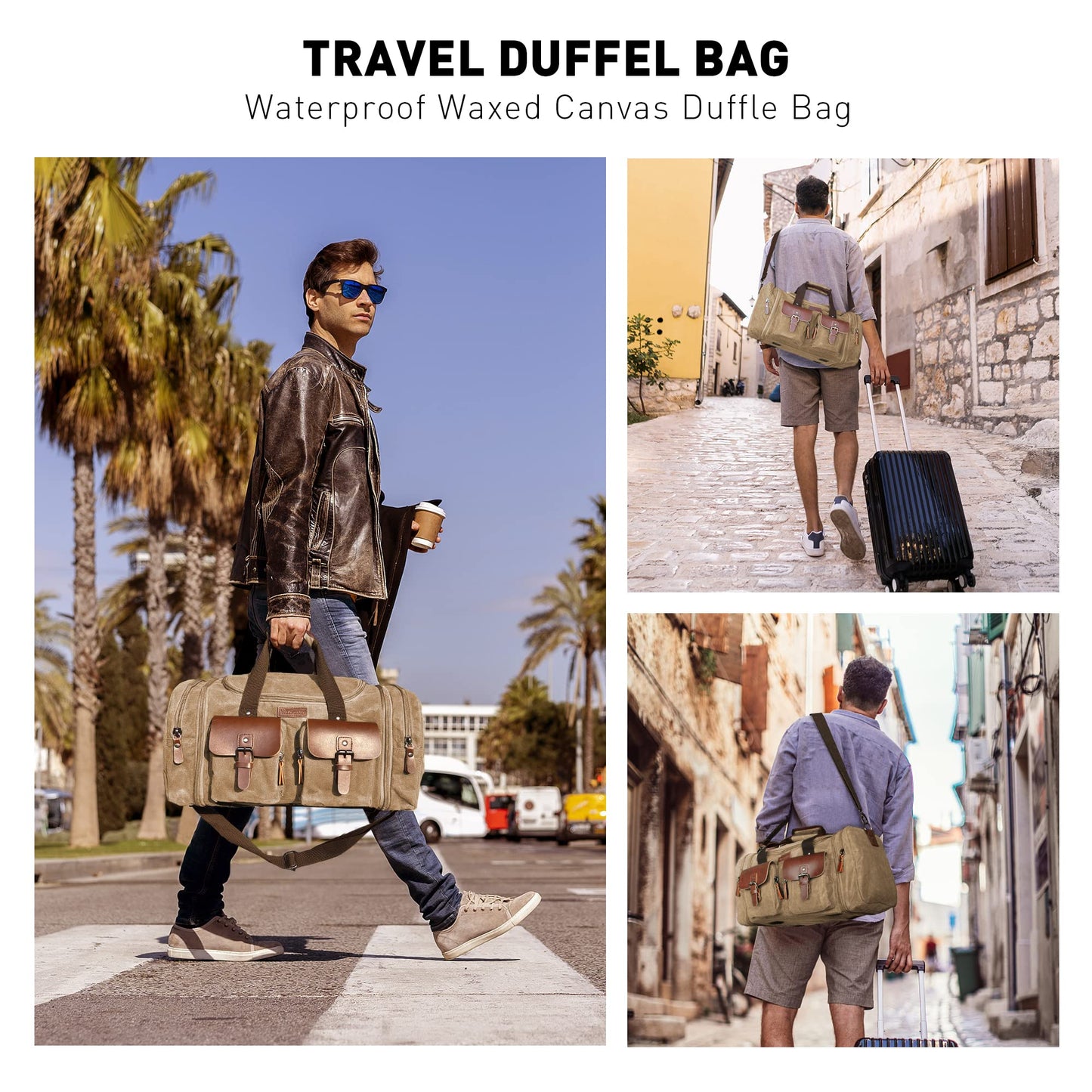 Wildroad Waxed Canvas Genuine Leather 50L Waterproof Duffle Bag - Vintage Travel Weekender Overnight Carry On