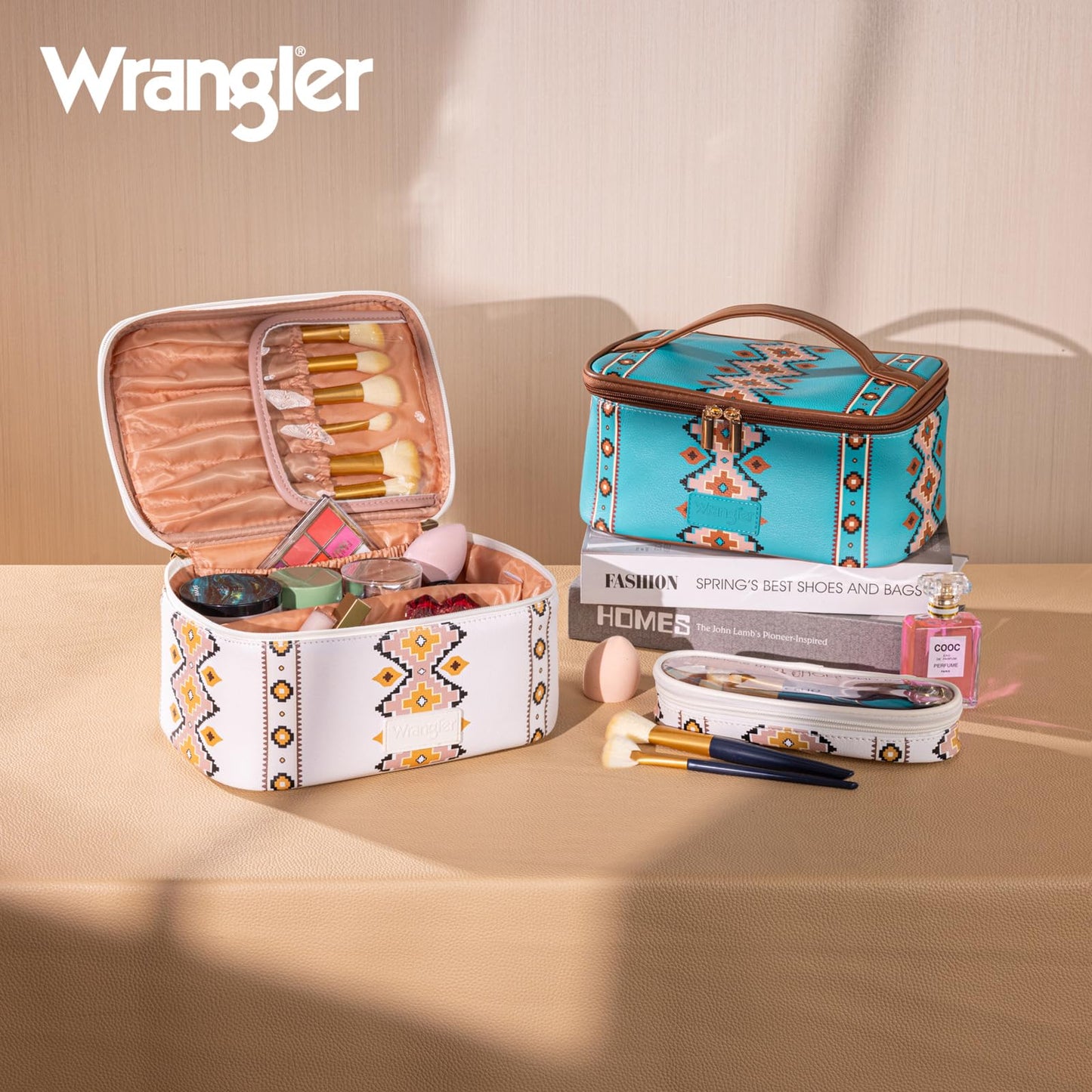 Montana West X Wrangler Travel Makeup Bag 2pcs Set Large Cosmetic Bag with Makeup Brush Holder Portable Make Up Organizer Cute Toiletry Bag with Divider and Handle for Women Aztec