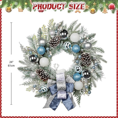 24" Christmas Wreath for Front Door Artificial Unlit Winter Wreath with Pine Cones, Berry Clusters, Blue Ball Ornaments and Ribbon for Thanksgiving Holiday Christmas Decoration