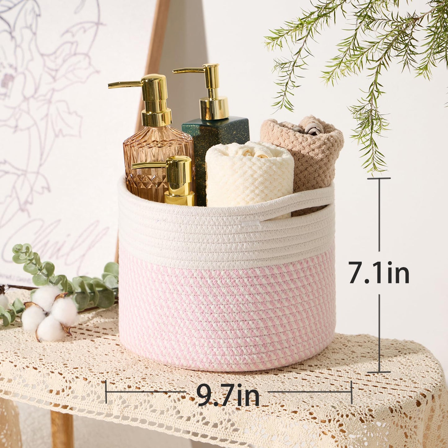 MiniArk Small Basket for Organizing | Cube Shelf Closet Storage Baskets | 9.7×9.7×7.1” | Woven Rope Gift Basket | Nursery | Round 3 Packs Pink
