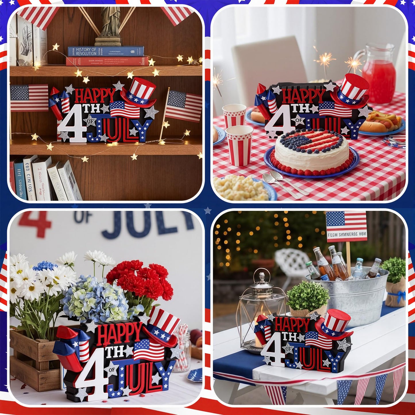 Simgoing 1 Pack Happy 4th of July Decoration Resin Patriotic Figurines Table Decor Red Blue White Sign Independence Day Statue Tabletop Centerpiece for 250th Anniversary Home Office Tiered Tray Shelf