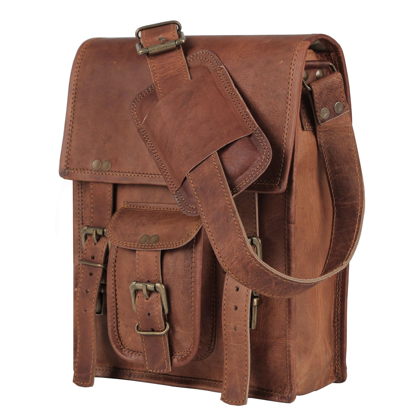 Leather crossbody bag messenger satchel tablet bag 11 inches for men and women (Brown)