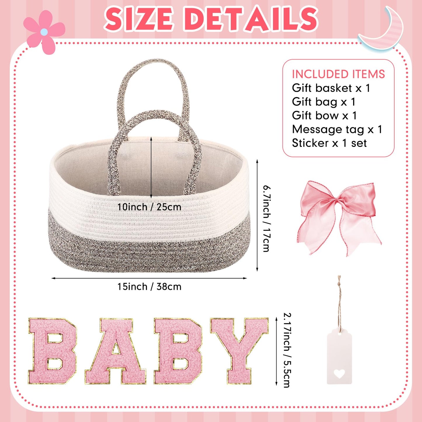 Beeveer Personalized Baby Basket Custom Diaper Caddy Organizer with Bow Portable Cotton Rope Basket Storage for Nursery Baby Shower Christmas Gifts(Pink)
