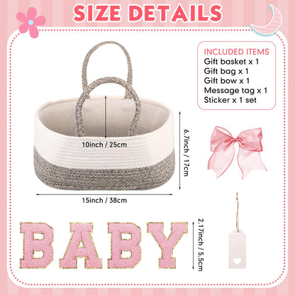 Beeveer Personalized Baby Basket Custom Diaper Caddy Organizer with Bow Portable Cotton Rope Basket Storage for Nursery Baby Shower Christmas Gifts(Pink)