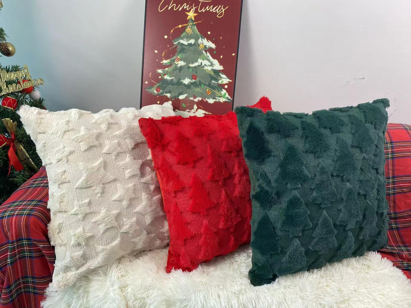TBAVNOSY Christmas Tree Pillow Covers Set of 2 18x18 inches, 3D Xmas Tree Shaped Faux Fur Throw Pillow Covers for Couch, Sofa, Living Room Winter Holiday Decor, Farmhouse (Red)