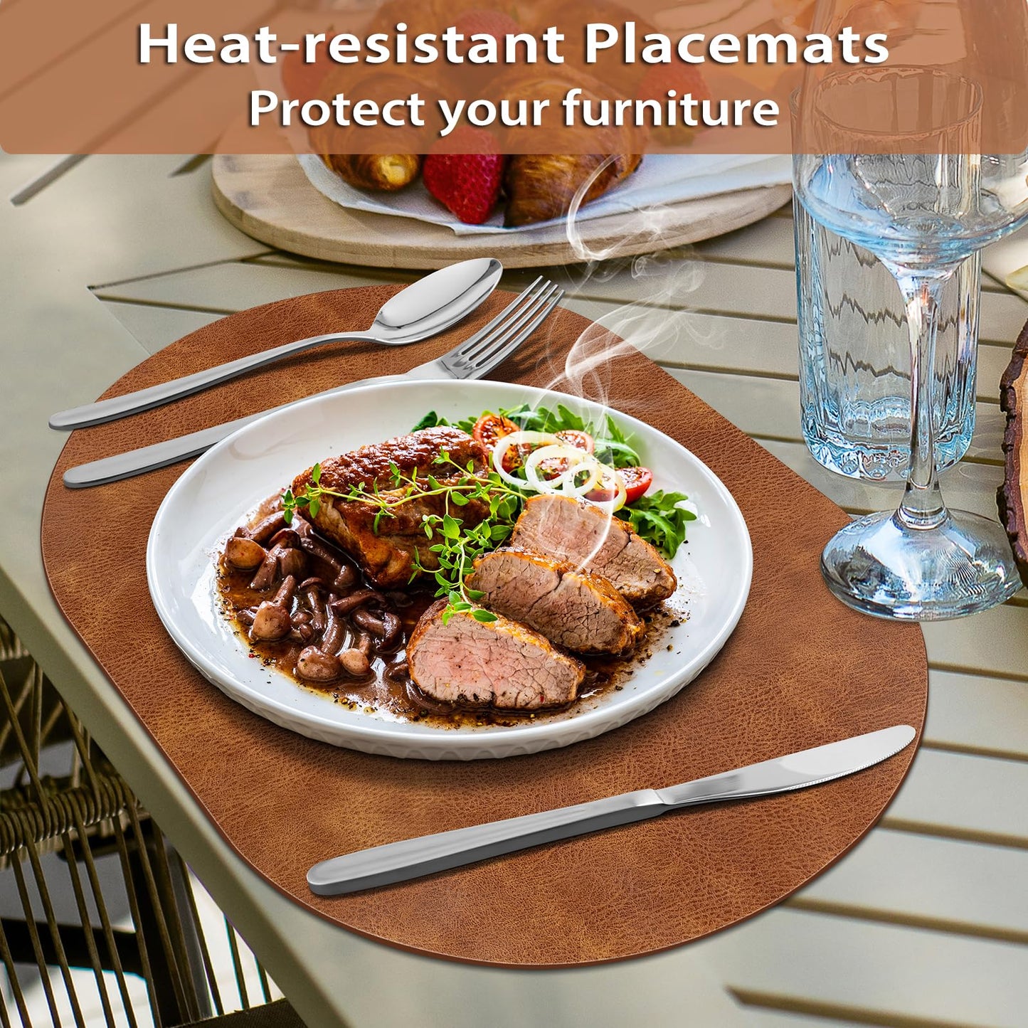 ADRIMER Placemats, Heat Resistant Oval Placemats Set of 6 Washable 12 x 17 Inch, Waterproof Table Mats, Wipeable Pu Place Mats for Kitchen, Dining Room, Turmeric Brown