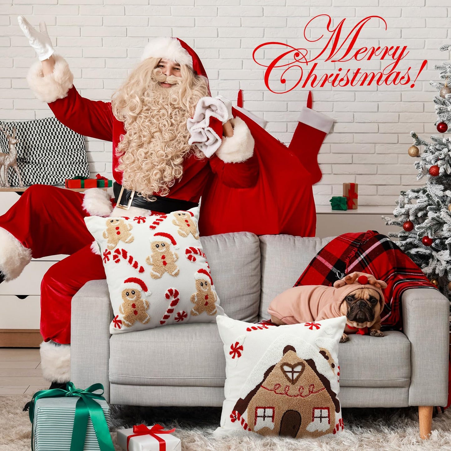 Breling 2 Pack Christmas Pillow Covers 18 x 18 Inch 3D Embroidered Gingerbread Man Throw Pillow Cover Christmas Gingerbread House Tufted Cushion Case Decorative Holiday Decor for Home Couch Bed Sofa
