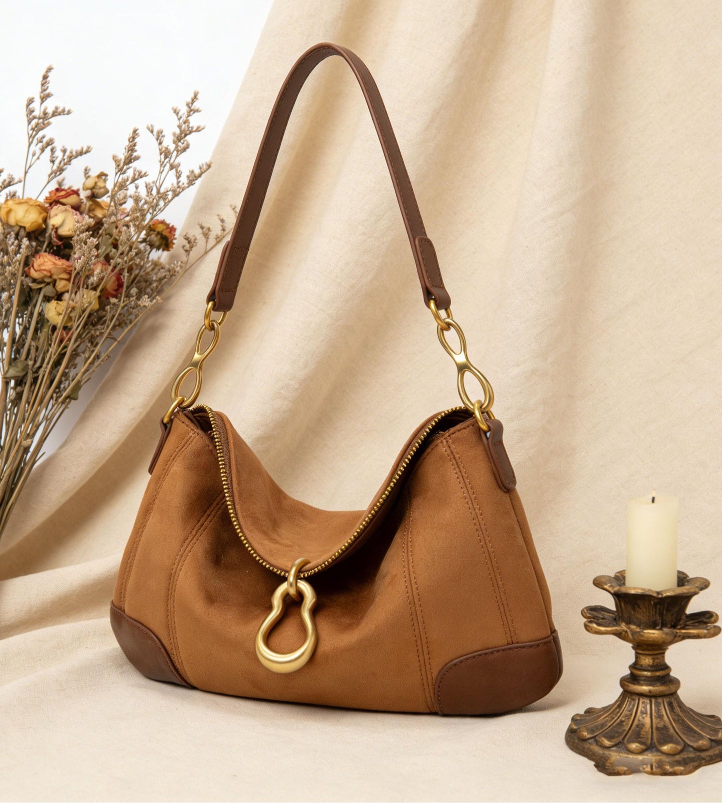 KingTo Shoulder Bag for Women Small Hobo Purse with Metal Pendant Embellished Retro Handbag Satchel (Brown)