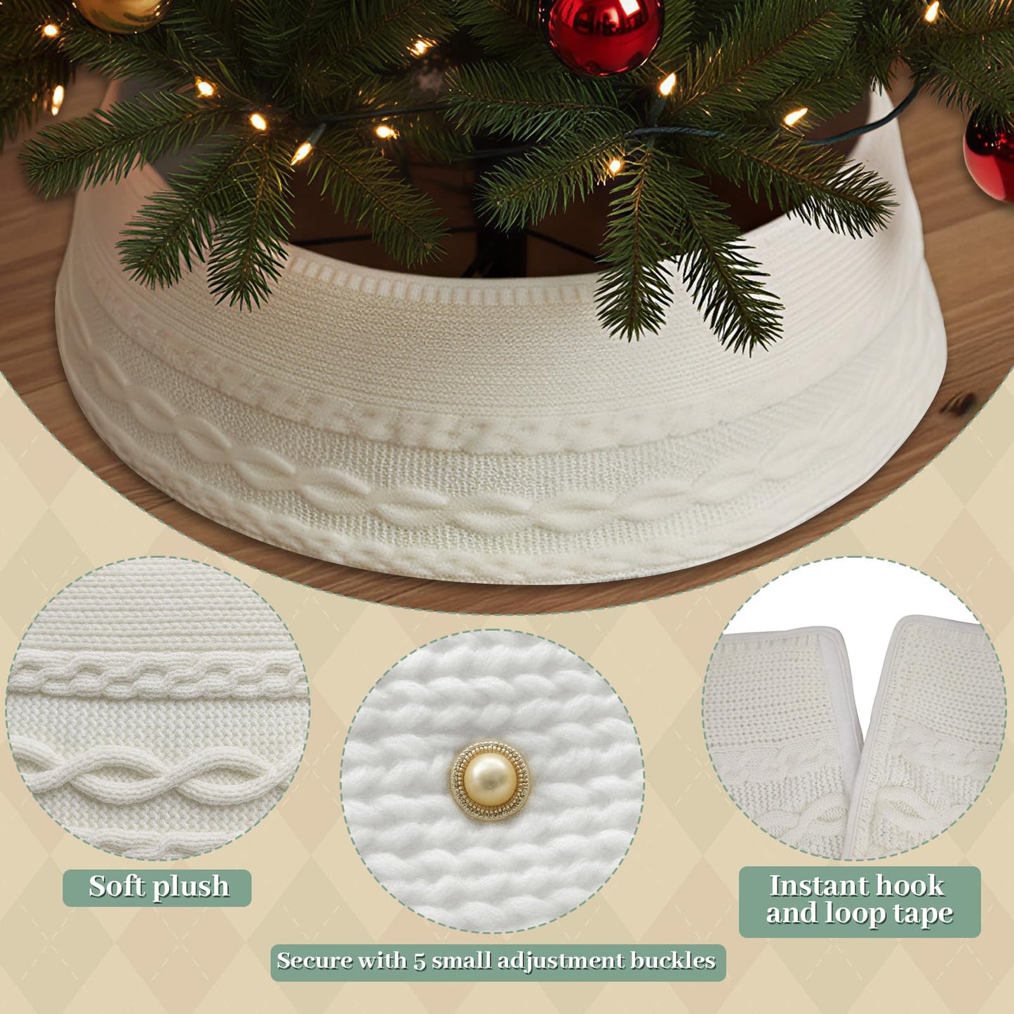 OurWarm 28 inch Christmas Tree Collar, Knit Cream White Christmas Tree Collars for Artificial Trees, Adjustable Tree Skirt Collar Base for 6ft 7.5ft 9ft Trees Holiday Home Indoor Xmas Tree Decoration