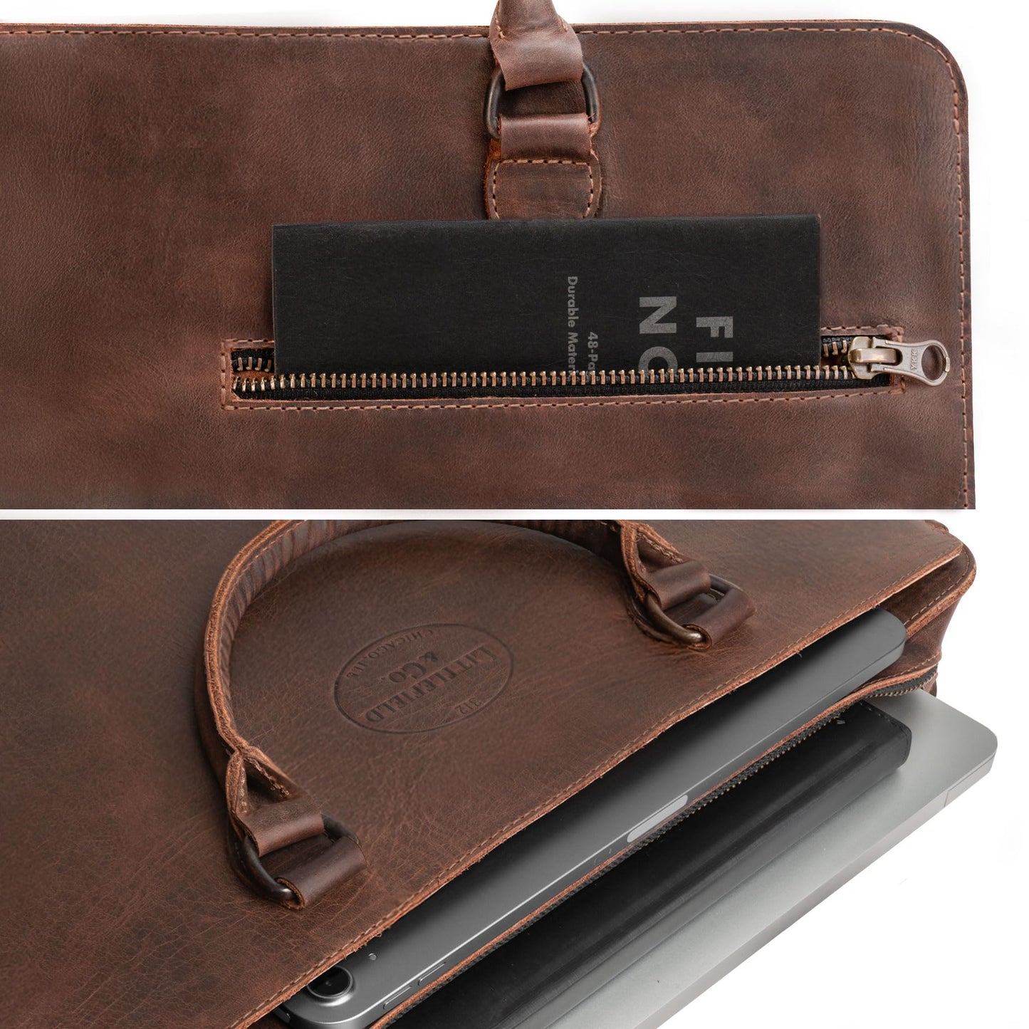 Littlefield & Co., Classic Portfolio Document Holder with Handles, Padfolio with Zipper Closure, Rustic Briefcase, Full Grain Leather, Handmade, Bourbon Brown