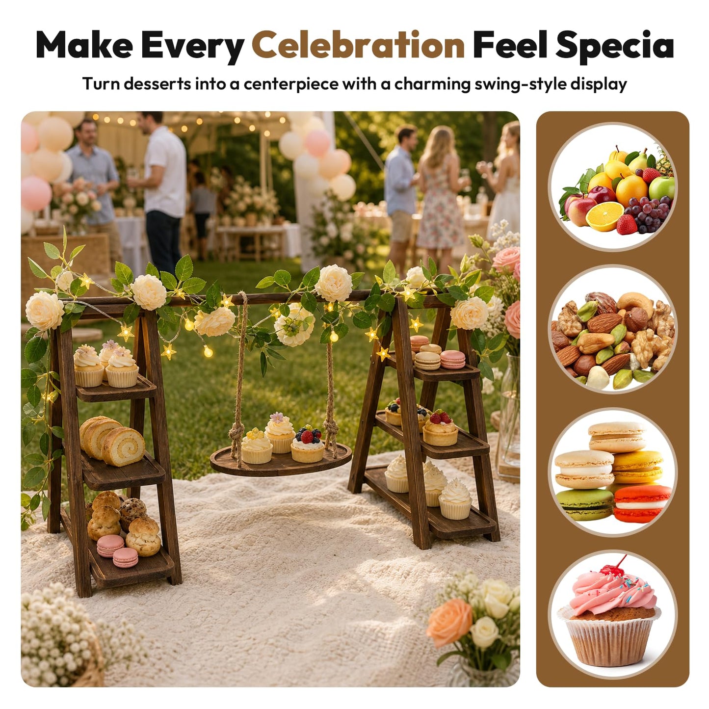LIOIFIR Wooden 3 Tier Cupcake Stand with Swing, Star String Lights & Champagne Flower Vine, Rustic Dessert Table Display Set, Tiered Food Serving Tray for Party, Wedding, Catering Centerpieces