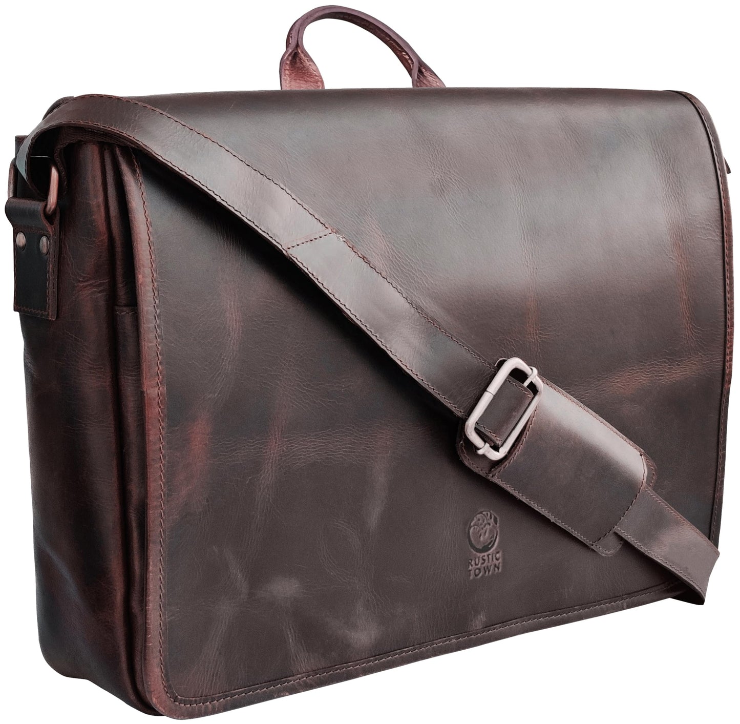 Leather Messenger Bag for Men 14 inch Leather Laptop Bag Vintage Crossbody Office Satchel Travel Shoulder Bag, Dark Brown