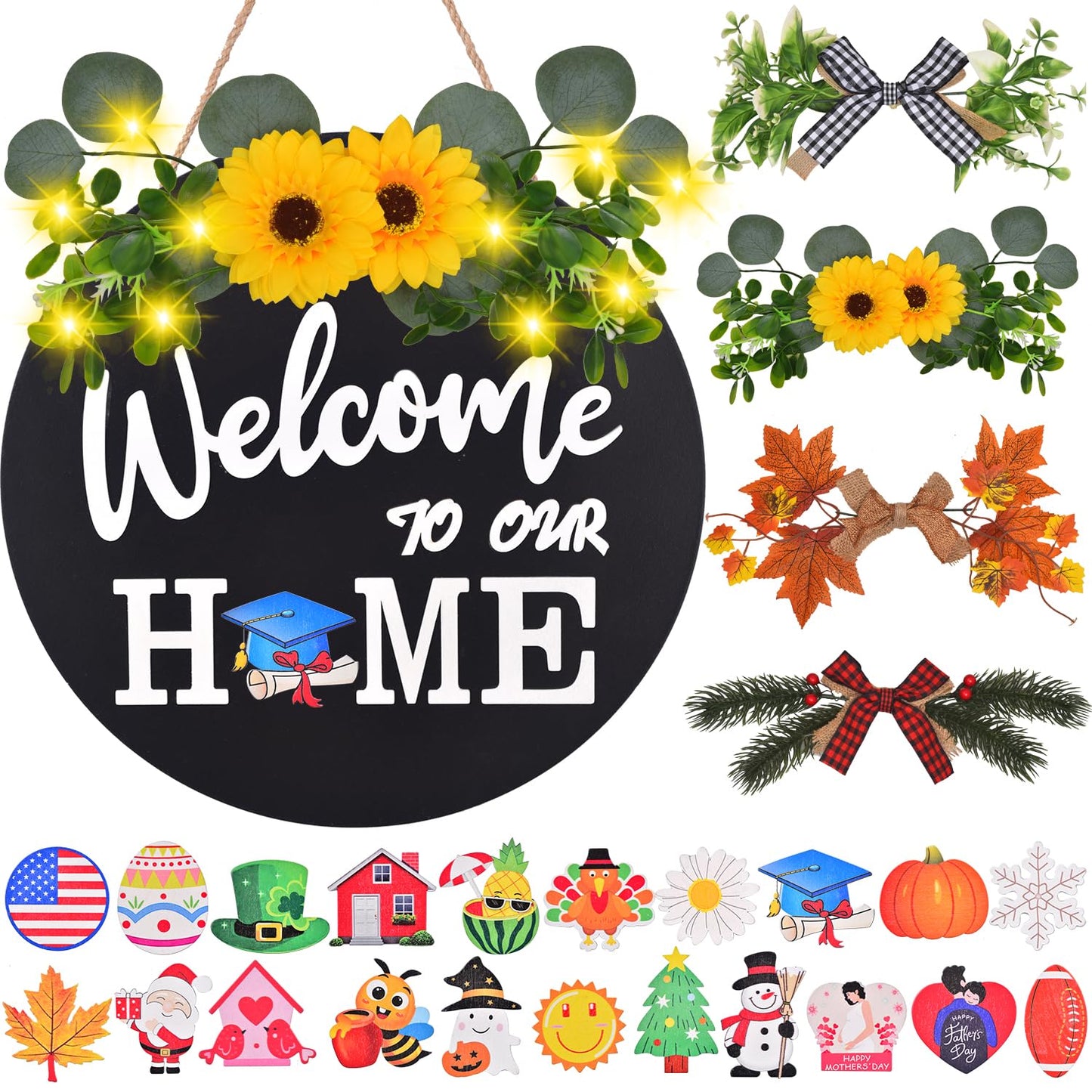 Interchangeable Welcome Home Sign, Front Door Decor With 4 Seasonal Wreaths and 21 Changeable Icons, Rustic Wood Wall Porch Hanger for Holiday Halloween Christmas Housewarming Gift (Black)