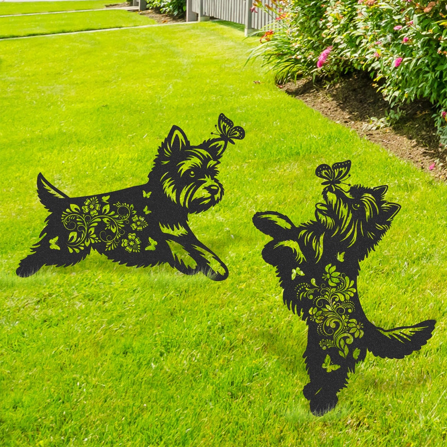 LIRAVENO Yorkie Metal Garden Stakes - 2 Pcs Animal Yard Statues Dog Decor Patio Lawn Decoration Outside Waterproof Butterfly Flower Silhouette Pathway Sign Christmas Birthday Gifts for Dogs Lover