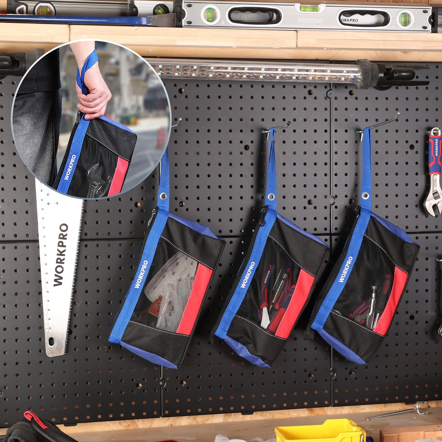 WORKPRO 12" Tool Pouches with Zipper, Heavy-Duty Small Tool Bag, Utility small tool pouch for Tool Organizers and Storage, Mini Tool Bag, 3 Pack