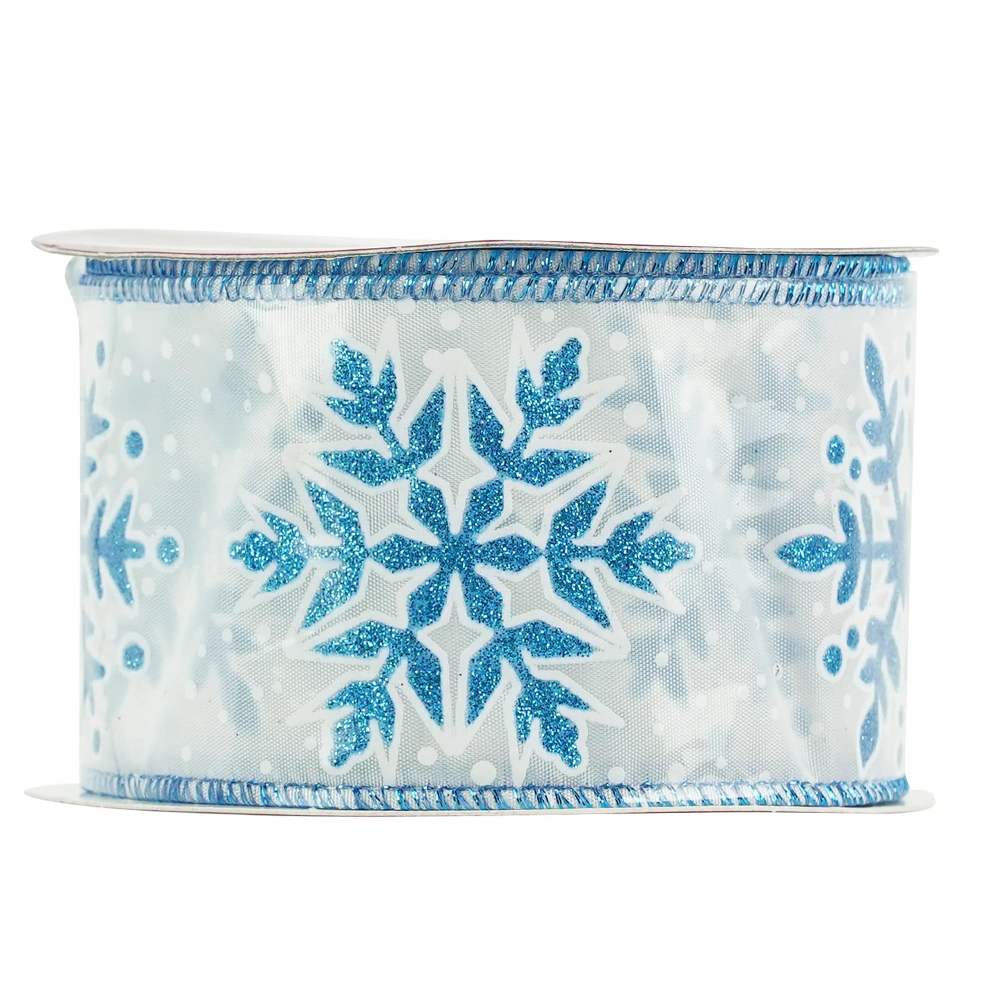 MEEDEE 2.5 Inch White Ribbon with Blue Glitter 10 Yards Wired Snowflake Ribbons Blue and White Ribbon for Christmas Tree, Winter Holiday Decor, Garlands, Wreaths, Gift Wrapping