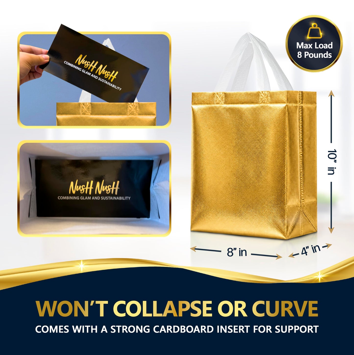 Nush Nush Set of 60 Gold Gift Bags Bulk – Medium Size Reusable Gold Gift Bags With Handles - Perfect Party Favor Bag for Christmas, Wedding, Bachelorette Party Favors and Goodies – 8W x 4D x 10H