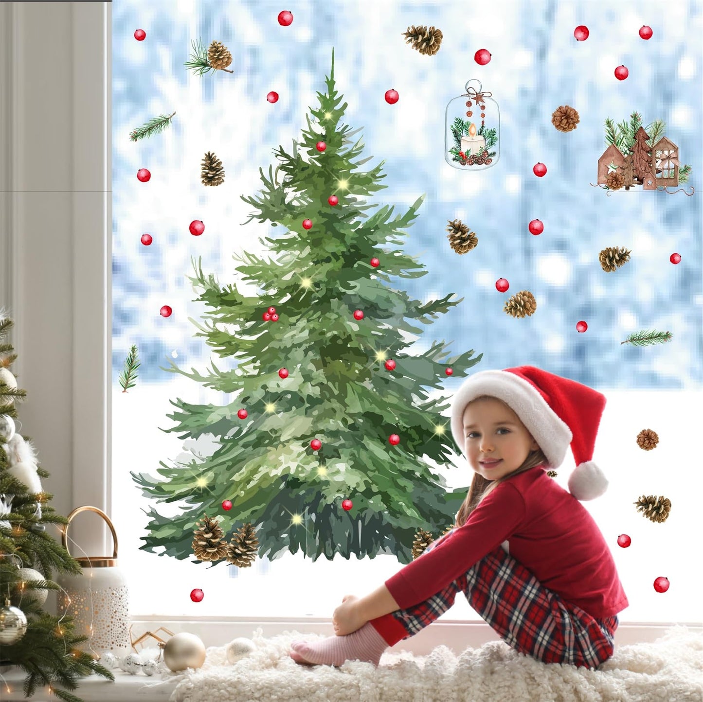 Large Pine Tree Wall Stickers Watercolor Christmas Tree Wall Decals Peel and Stick Removable Evergreen Trees Decal Winter Merry Christmas Art Murals for Living Room Kitchen Gift Xmas Party Supplies