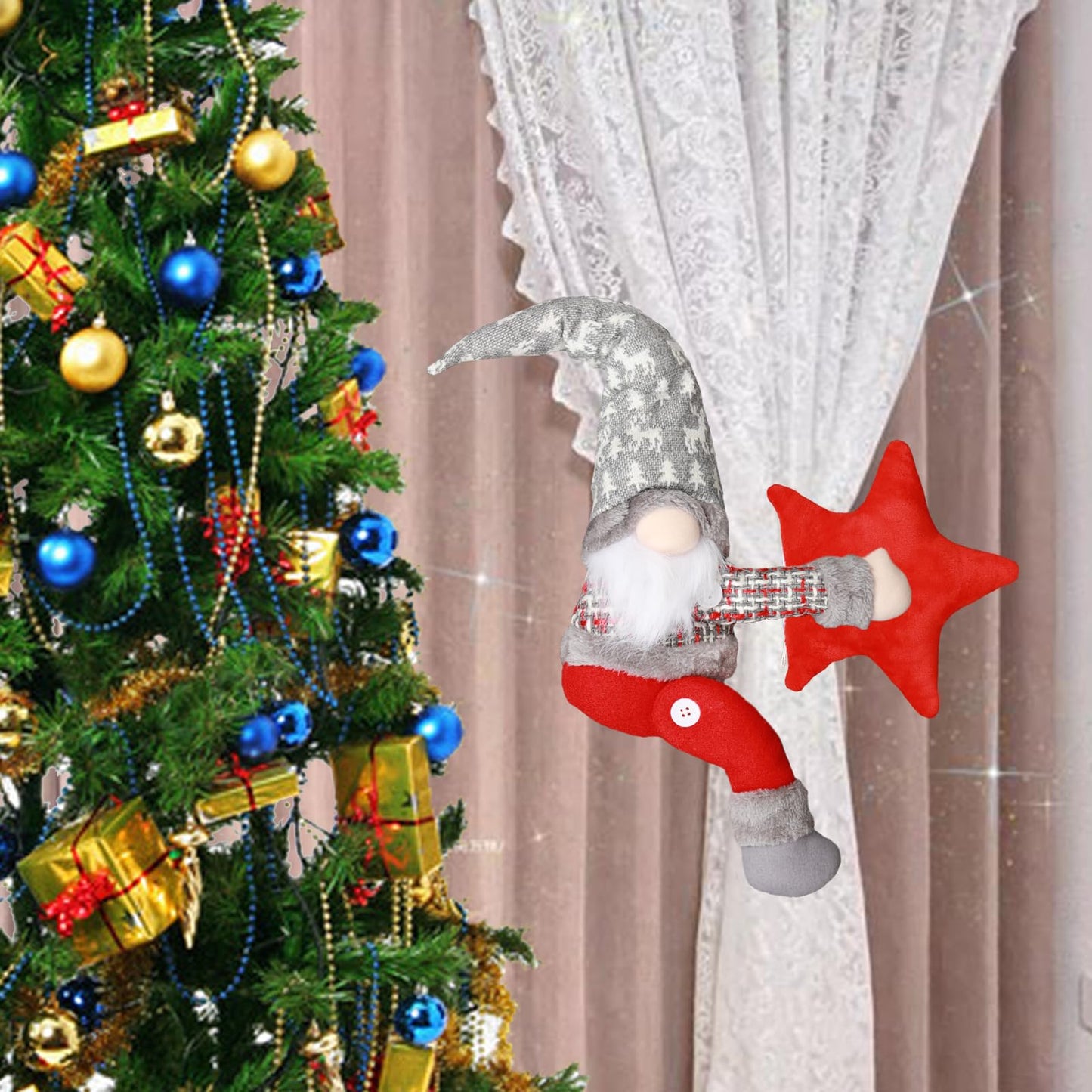 Christmas Tree Topper Gnome Decorations with Lights,21.7 Inches Handmade Embrace Christmas Tree Gnome with Lighted Star，Christmas Home Decor Curtain Tie Wine Bottle Decoration（Grey hat）