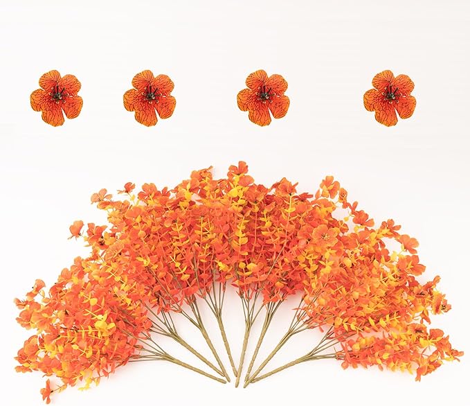 Outdoor Artificial Flowers, 8 Bundles Fake Flowers Autumn Decoration, No Fade Faux Plastic Shrubs for Garden Patio Porch Window Box Decor (Fall Orange)