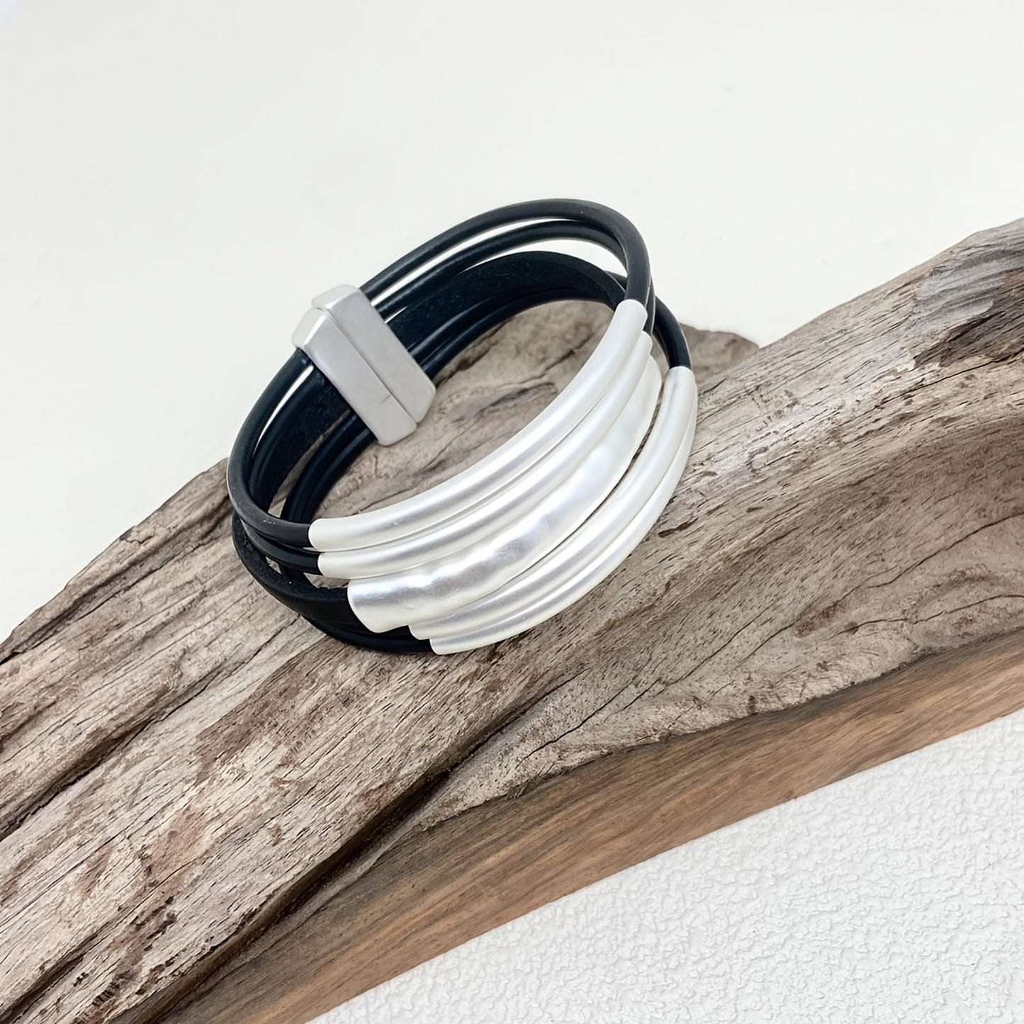 YKKZART Leather Bracelets Multilayer Black Leather wrap Bracelets Chunky Silver Tube Bangles Bracelets for Women