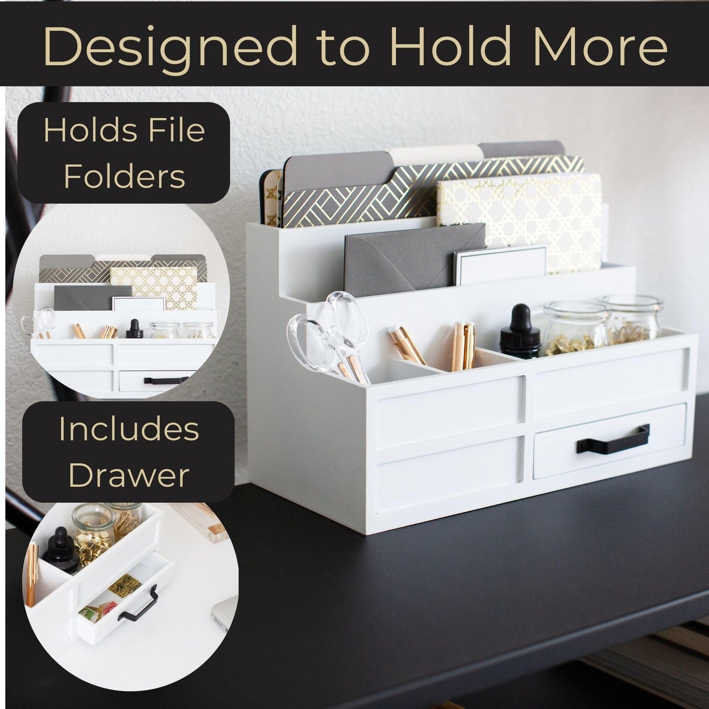 BLU MONACO | White Desktop Organizer with Drawer Storage | Tabletop Organizer with Drawers for Paper Bills Mail | Wooden Mail Organizer for Countertop Workspace