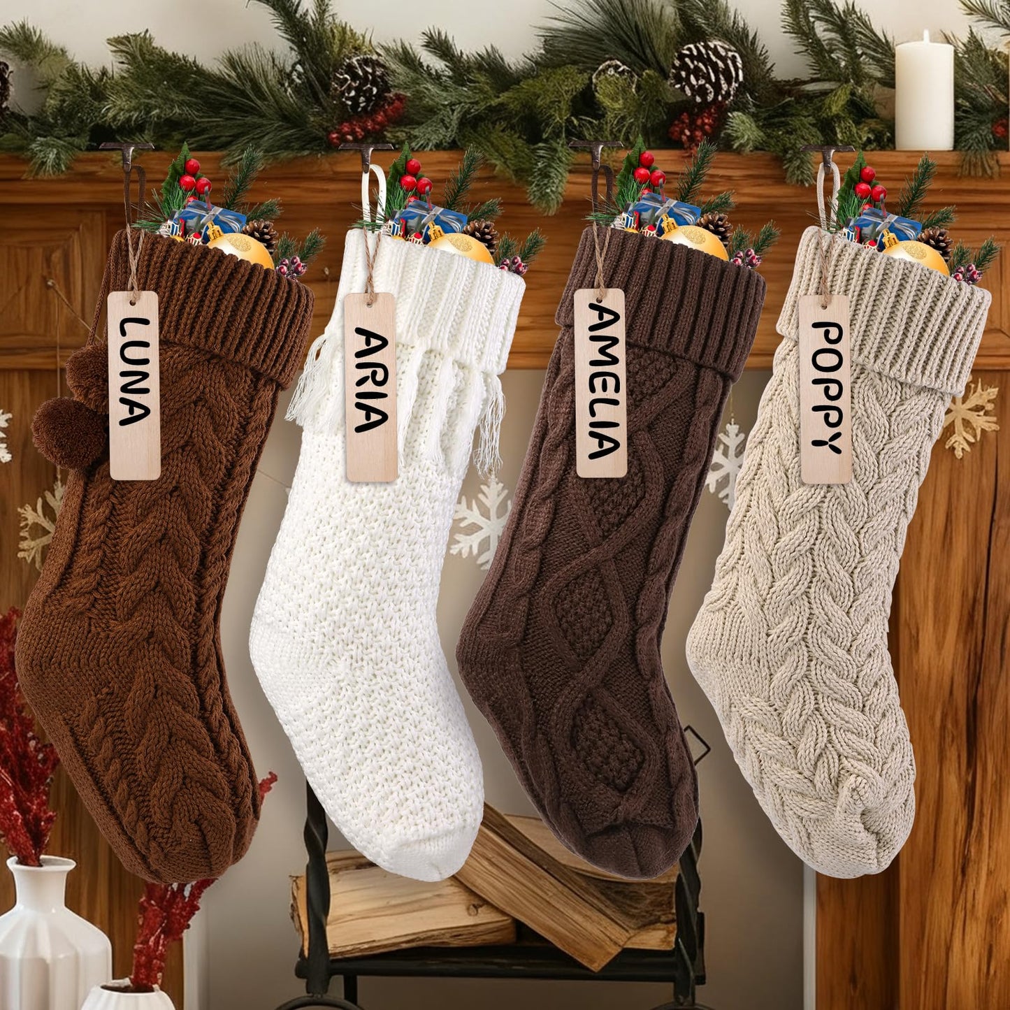 Teeanzo 4 Pack 18 Inches Christmas Knitted Hanging Stockings, Xmas Large Farmhouse Rustic Neutral Cable Knit Personal Stockings Decorations for Christmas Tree Fireplace Family Holiday Party Decor