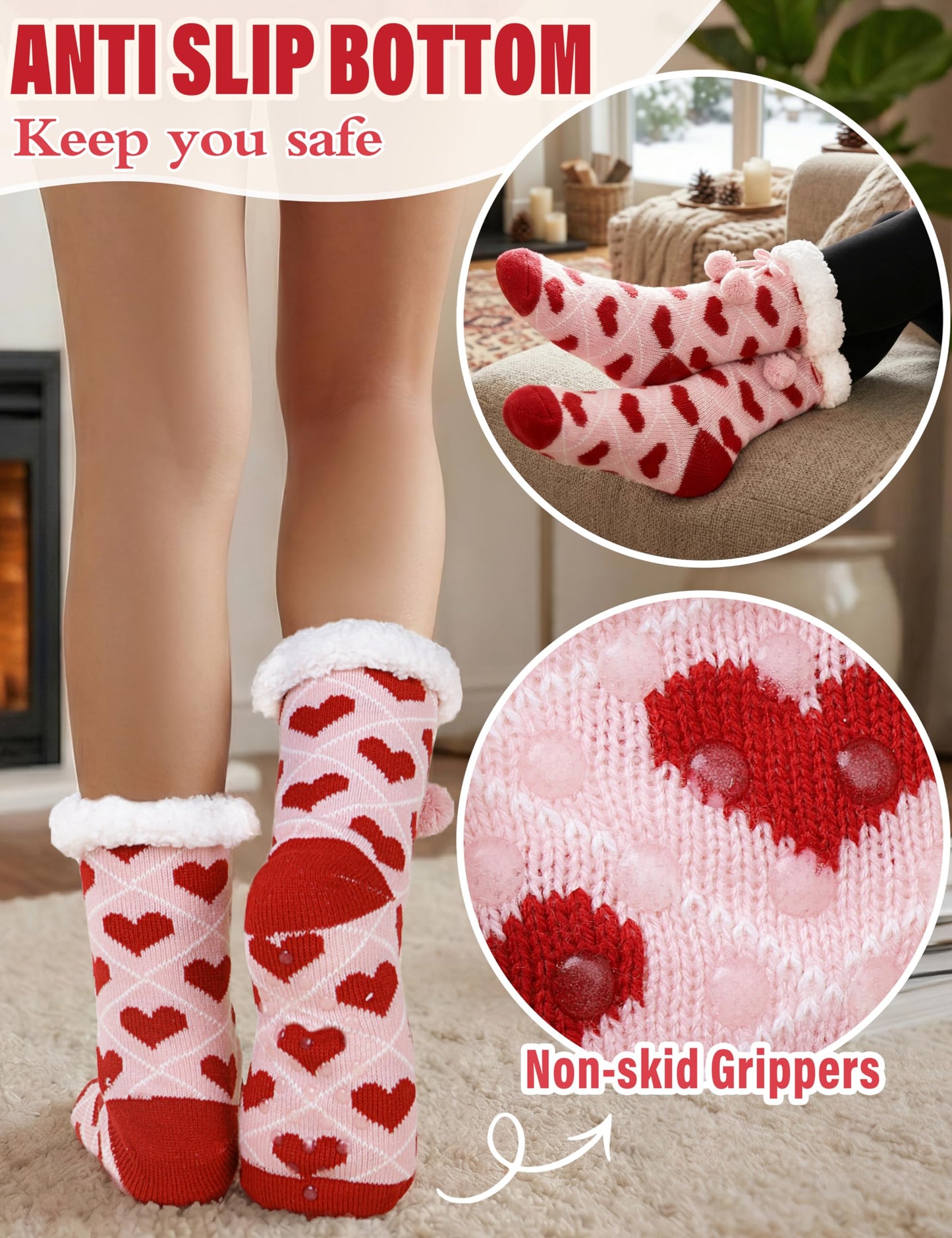 MOGGEI Fuzzy Slipper Socks for Women Galentines Day Gifts Fluffy Thermal Warm Winter Thick Cozy Non Slip Grips Plush Cabin Comfy Heart Socks Stocking Stuffers