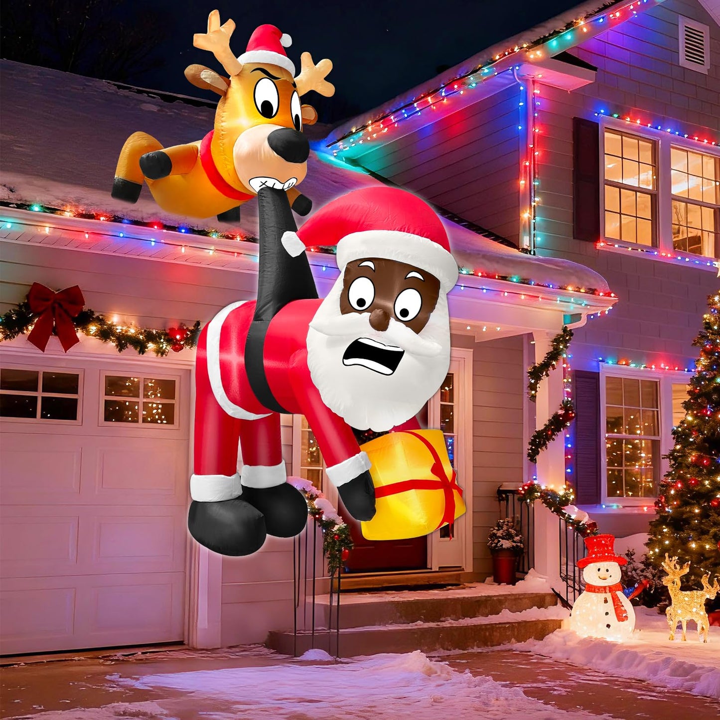 6 Ft Christmas Inflatable Reindeer & Climbing Black Santa Claus, Funny Hanging Outdoor Decoration with Built-in LED Light, Christmas Blow Up Yard Decor for Beam Roof Tree Indoor Home Party Lawn Decor