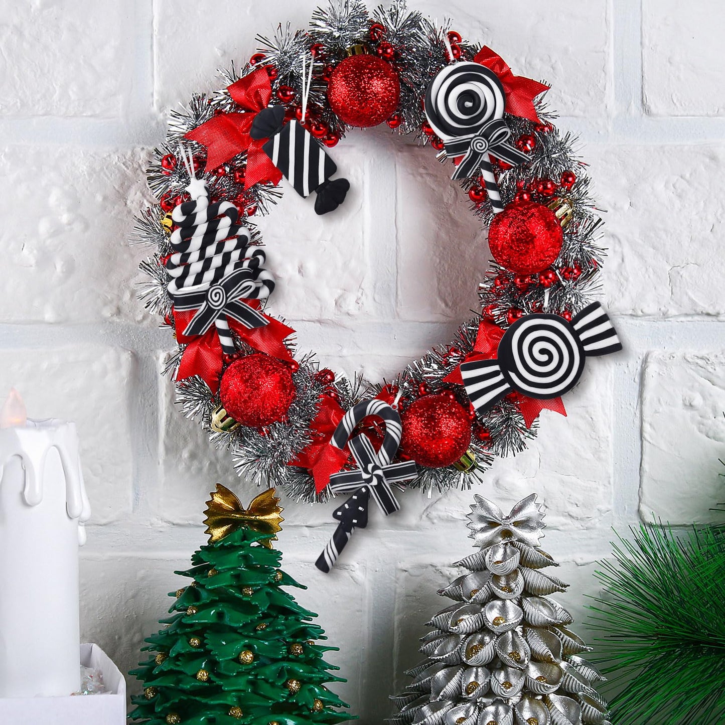 Blulu 6 Pcs Christmas Black and White Candy Cane Lollipop Hanging Ornaments Tree Picks Decorations Polymer Clay Peppermint Winter Holiday Xmas Party Supplies for Wreaths Christmas Trees Accessories