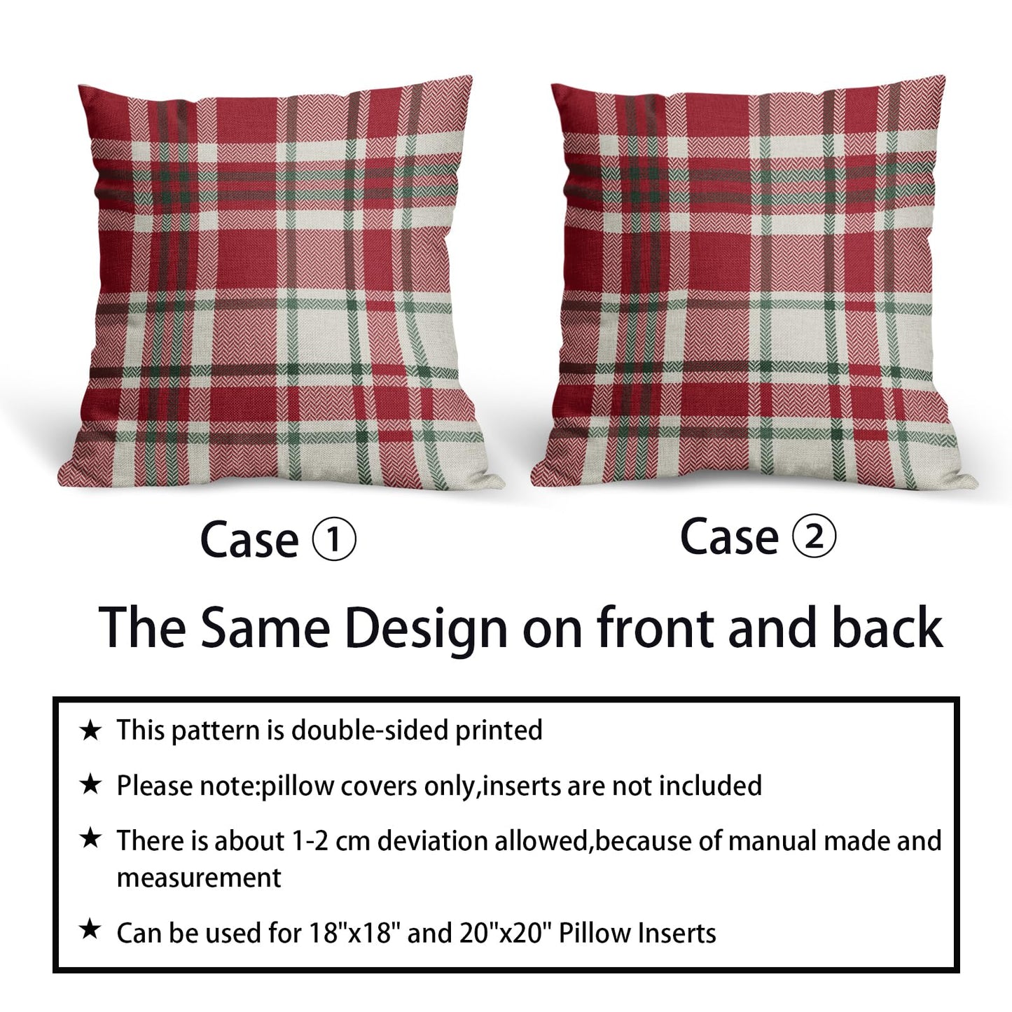 Christmas Plaid Pillow Covers 18x18 Set of 2 Red Green Cream Buffalo Checkered Decorative Tartan Pillowcases Xmas Winter Holiday Outdoor Rustic Farmhouse Throw Cushion Case Decor for Couch Sofa Bed