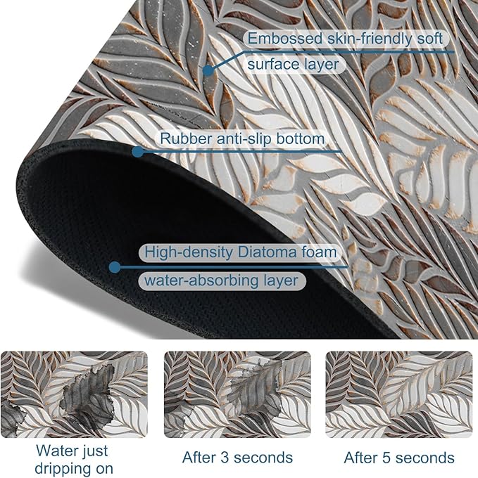 Embossed Leaf Texture Sink Faucet Absorbing Mat Grey Leaf Super Absorbent Fast