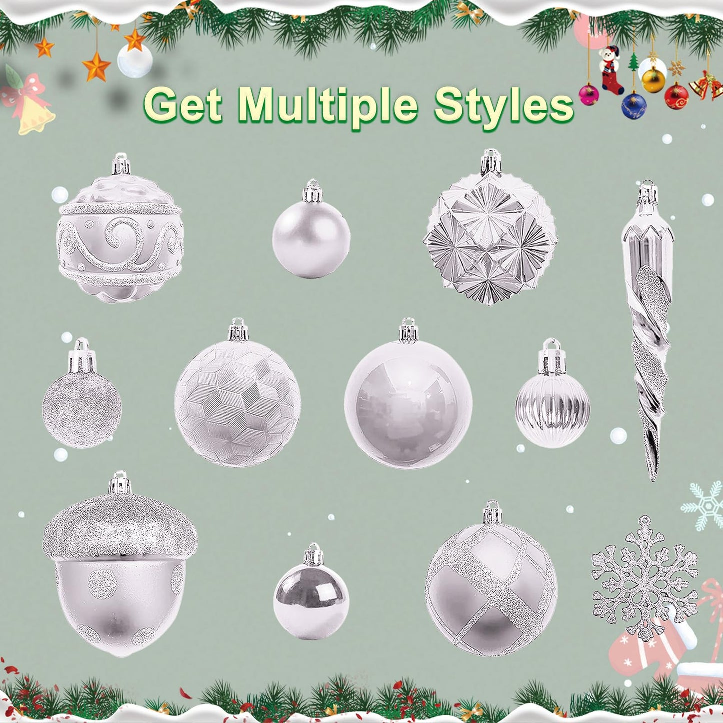 Napzy 62 Count Shatterproof Christmas Ball Ornaments Set, Silver Christmas Tree Decorations for Xmas Holiday Party Decor, Wreath and Garland Hanging Balls