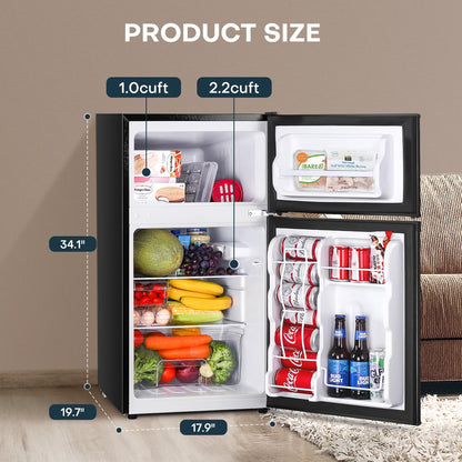 Upstreman 3.2 Cu.Ft Mini Fridge with Freezer, Double Door Mini Fridge, Adjustable Thermostat, Mini Refrigerator for Dorm, Office, Bedroom, Stainless-SD321
