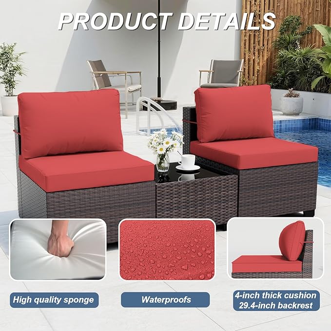 ALAULM 15 Pieces Outdoor Patio Furniture Set with Propane Fire Pit Table Outdoor Sectional Sofa Sets Patio Furniture 43" Gas Fire Pit Brown PE Rattan Patio Conversation Set w/12 Cushions-Red