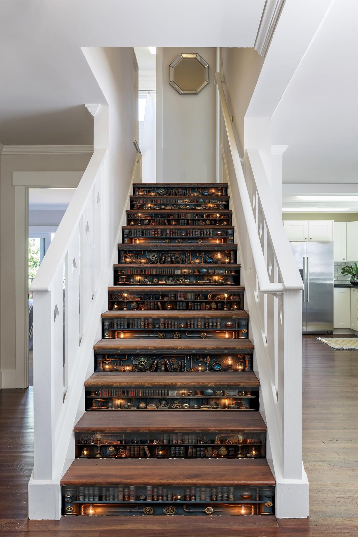 AMAZING WALL Peel and Stick Stair Riser Decals,Steampunk Library Bookshelf Design,Removable,Set of 12