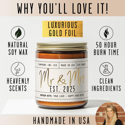 Wedding Gifts for Couples 2025, Bridal Shower Gifts from Bride - 'Mr & Mrs Est. 2025 Candle, w/Champagne on Ice I Wedding Shower for Newlyweds I 50Hr Burn, USA Made