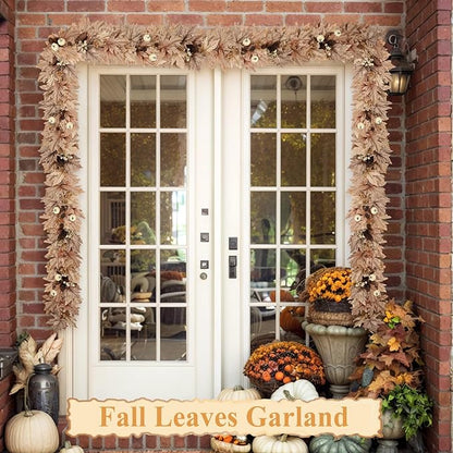 6 FT Fall Garland with Lights Timer Function Autumn Fall Leaves Garland with Berries Pine Cones Pumpkins Realistic Automatic ON/Off Timer Fall Decorations for Home Mantle Fireplace Porch Door Table