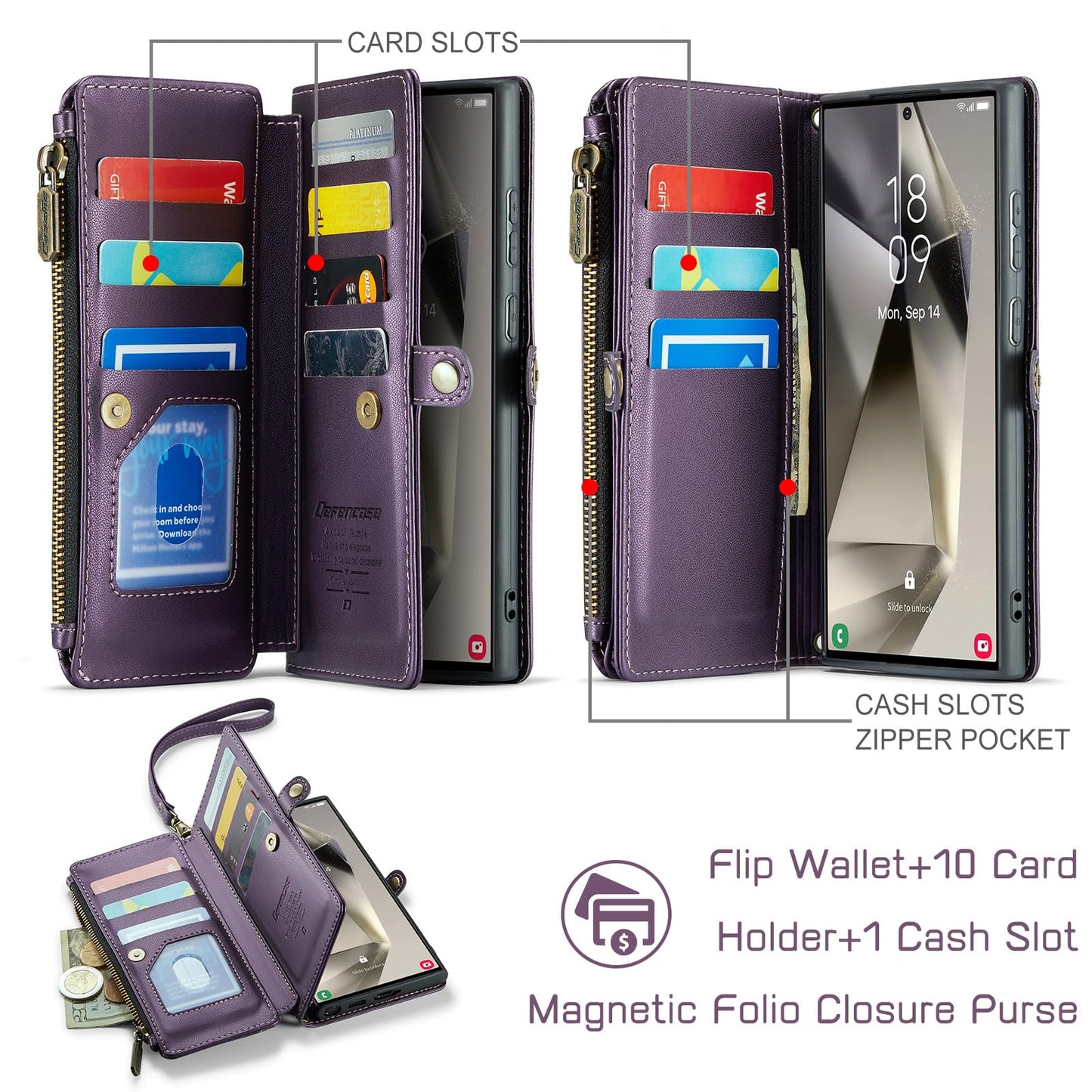 Defencase Compatible with Samsung Galaxy S24 Ultra Case Wallet with RFID Blocking Card Holder for Women Men, PU Leather Magnetic Snap Flip Zipper Strap Phone Case Fit for Galaxy S24 Ultra 5G, Purple