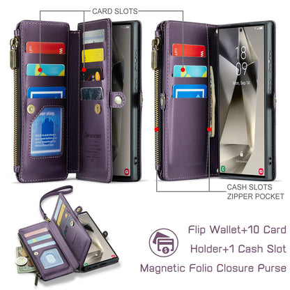 Defencase Compatible with Samsung Galaxy S24 Ultra Case Wallet with RFID Blocking Card Holder for Women Men, PU Leather Magnetic Snap Flip Zipper Strap Phone Case Fit for Galaxy S24 Ultra 5G, Purple